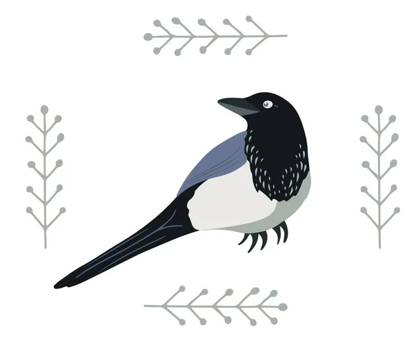 Oiseau Pie Assis Dessiné Main Dans Style Plat Décoré Avec — Image vectorielle