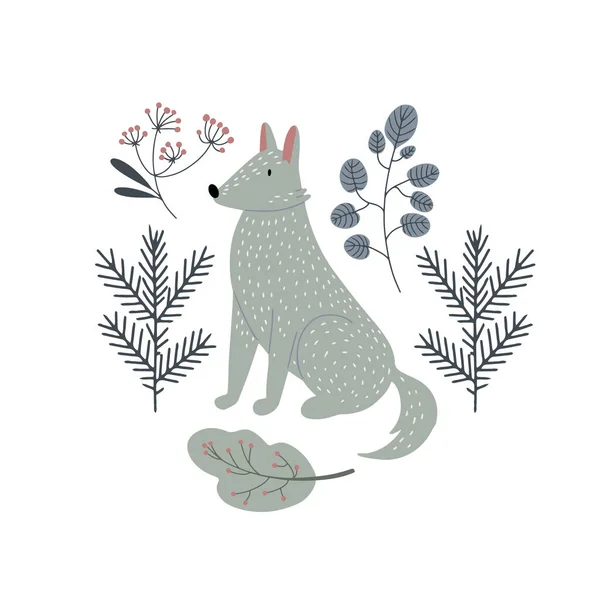 Curious Wolf Sitting Forest Scandinavian Style Isolated Hand Drawn Vector — Stock Vector