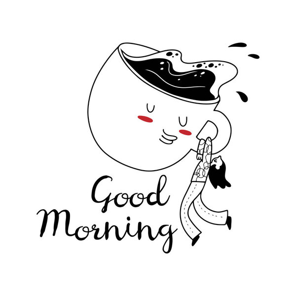 Улыбающаяся девушка держит большую симпатичную чашку кофе, концепция любящего кофе, помогая проснуться утром, линейный стиль изолированных векторных иллюстраций