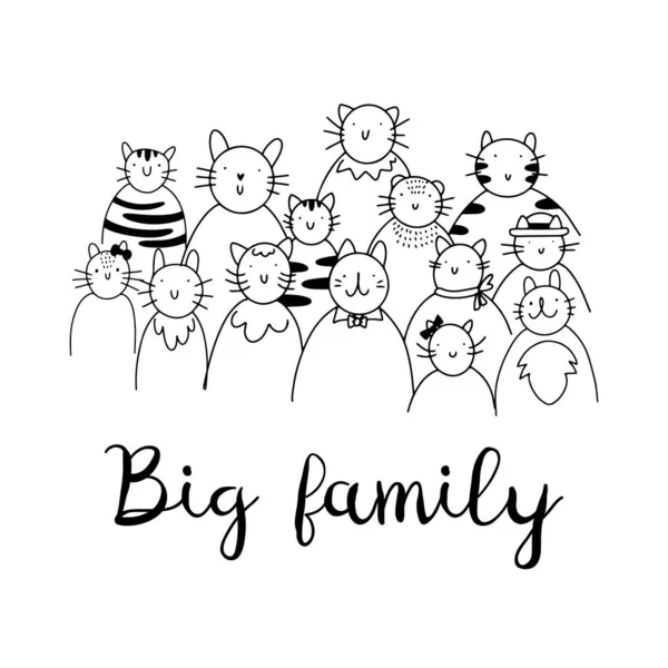 Cute Doodle Cat Family Line Art Style Text Lettering Μεγάλη — Διανυσματικό Αρχείο