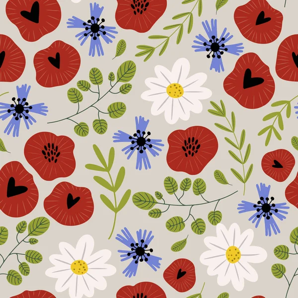 Handgezeichnete Vektor Nahtlose Muster Mit Wilden Frühlings Und Sommerblumen Feld — Stockvektor