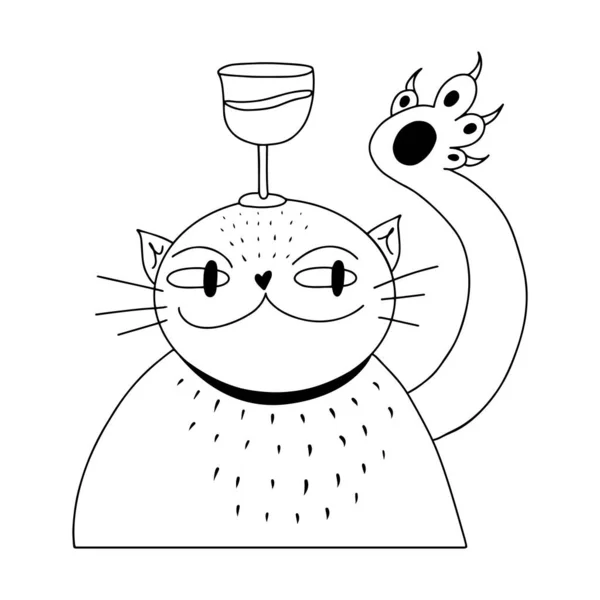 Gato Engraçado Arte Linha Doodle Com Copo Vinho Cabeça Ilustração — Vetor de Stock