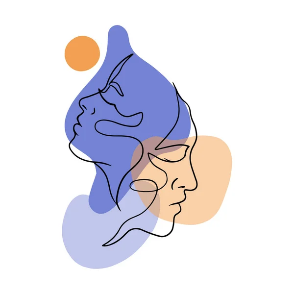 Farklı yönlere ve renkli şekillere bakan kadın ve erkeğin el çizimi mürekkep stili soyut yüzleri, çağdaş izole vektör çizimleri.