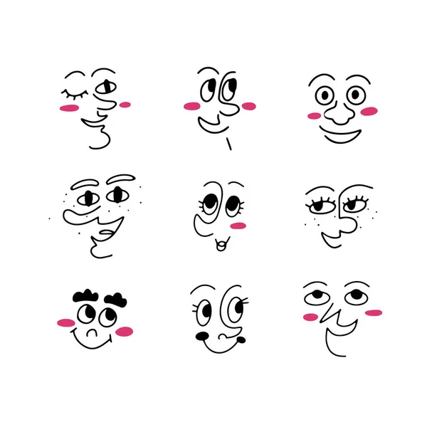 Set Hand Drawn Funny Faces Cartoon Mid Century Style Isolated — Stock Vector