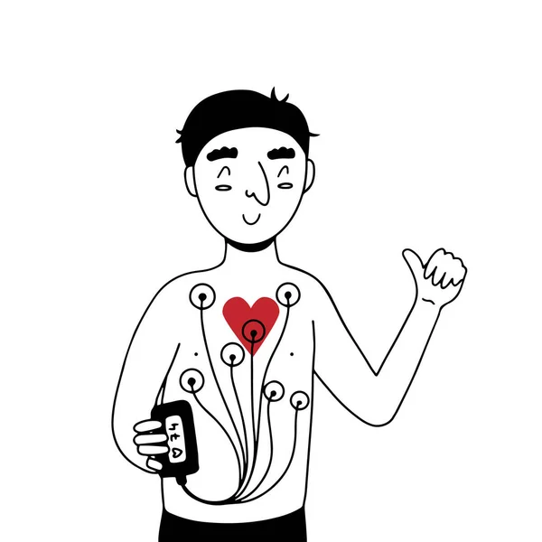 Hombre Con Holter Dispositivo Monitor Del Corazón Conectado Cuerpo Mostrando — Archivo Imágenes Vectoriales
