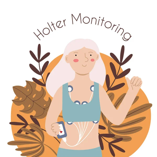 Gri saçlı kadın, Holter kalp monitörlü yaşlı, baş parmağı yukarıda, el çizimi izole vektör çizimi