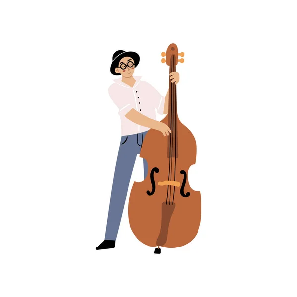 Kézzel Rajzolt Zenész Szemüveggel Díszes Kalap Játszik Contrabass Rajzfilm Firka — Stock Vector