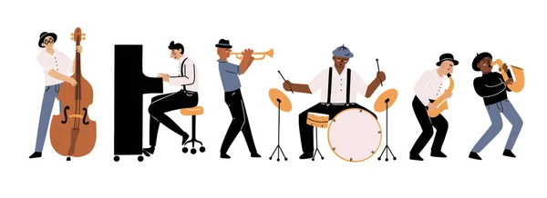 Karikatür karalama tarzında farklı müzik enstrümanları çalan el çizimi caz grubu, izole edilmiş vektör illüstrasyonu