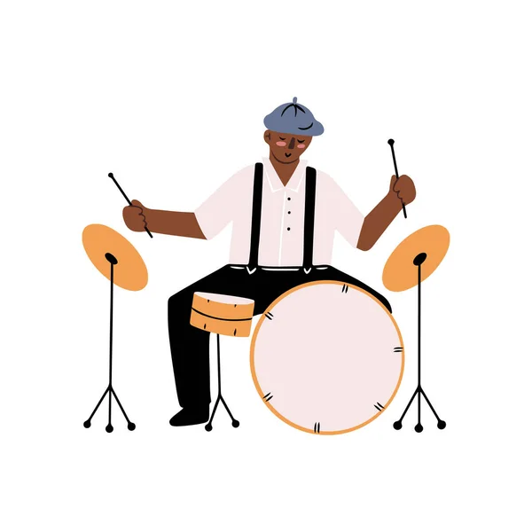 Musicien Joyeux Dessiné Main Jouant Sur Des Tambours Des Cymbales — Image vectorielle