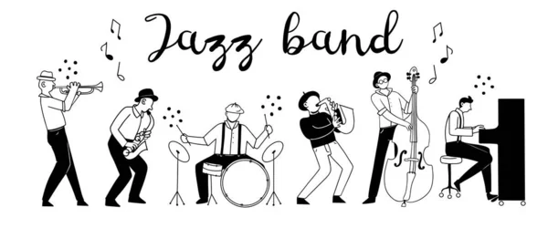 手绘爵士乐队演奏各种乐器的线条艺术 孤立的涂鸦矢量插图 — 图库矢量图片