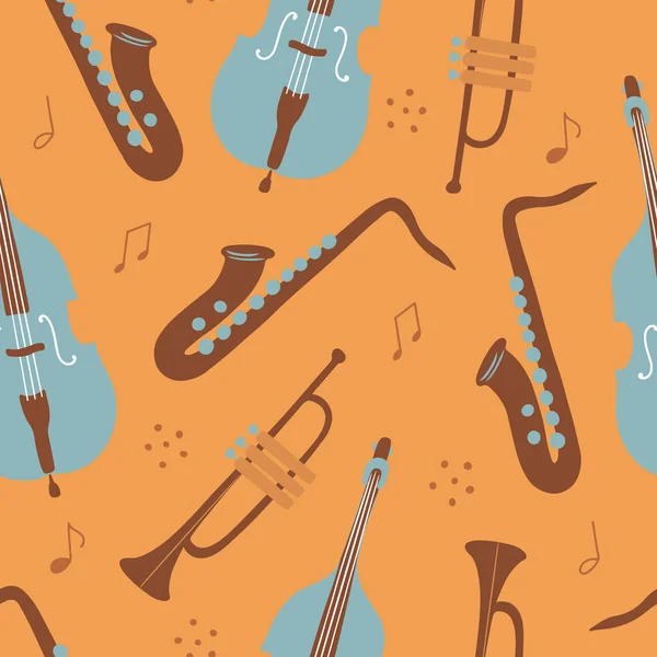 Ручной Рисунок Векторной Бесшовной Картины Музыкальными Инструментами Нотами Стиле Мультяшных — стоковый вектор