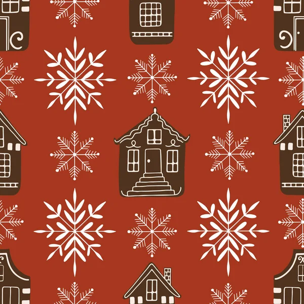 Vektornahtloses Muster Mit Lebkuchenhäusern Und Dekorativen Schneeflocken Auf Festlichem Roten — Stockvektor