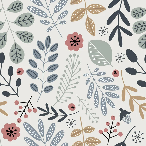 Orman yaprakları, dallar ve çiçeklerle İskandinav tarzında elle çizilmiş kusursuz bir desen..