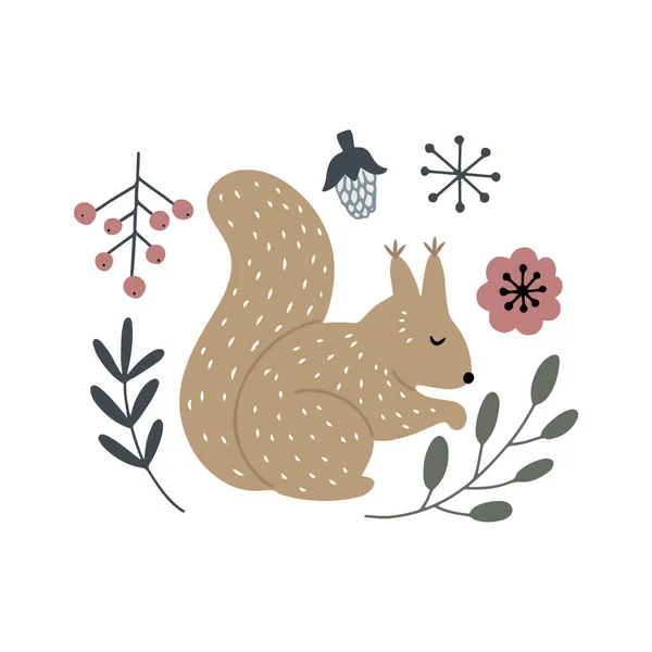 Little Squirrel Berries Flowers Acorn Scandinavian Style Isolated Hand Drawn — Stock Vector