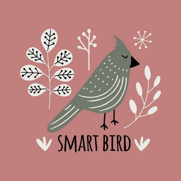 Hand Drawn Card Print Cute Bird Forest Text Lettering Smart — Stock Vector