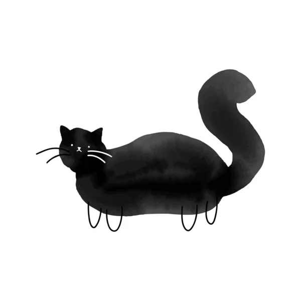 Gato Textura Aquarela Preto Desenhado Mão Com Bigodes Minimalistas Tinta — Vetor de Stock