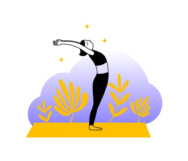 Çizgi sanatçısı kadın yoga yapıyor, paspasın üzerinde asana duruyor, bitkilerle süslenmiş, bulut canlılığı kavramı.