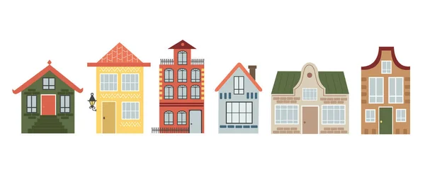 平板式矢量插画中不同外观设计的一组房屋 — 图库矢量图片