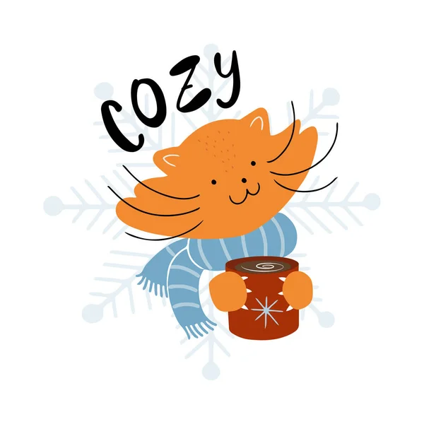 Cute Cat Warm Scarf Holding Hot Cocoa Lettering Cozy Vector — Stock Vector