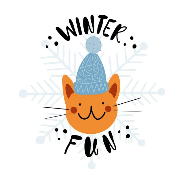 Childish Cute Red Cat Wool Blue Hat Lettering Winter Fun — Stock Vector