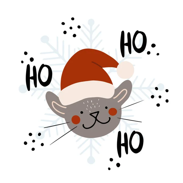 Childish Cute Cat Santa Hat Lettering Doodle Vector Card — Stock Vector