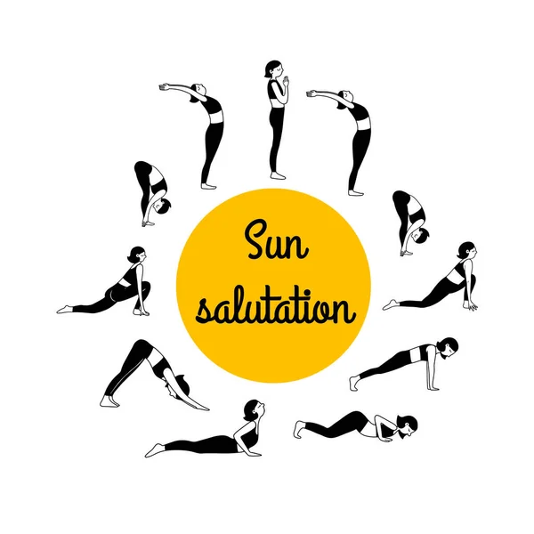 Sun Salutation Morning Yoga Practice Vector Illustration Doodle Style Woman — Stock Vector