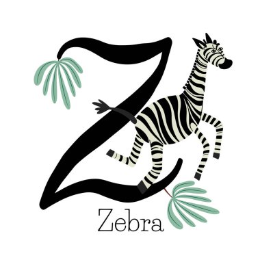 Büyük harf Z, palmiye yapraklı zebra, hayvan isimleriyle çocuksu alfabe.