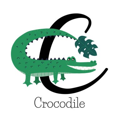 Yeşil yapraklı timsah için büyük harf C, hayvan isimleriyle çocuk alfabesi.