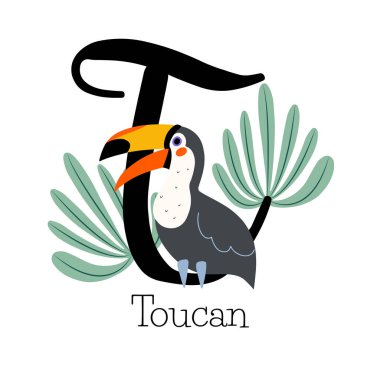 Çalılıklardaki şirin tukan kuşunun büyük harfi T, hayvan isimlerinin olduğu çocukça alfabe.