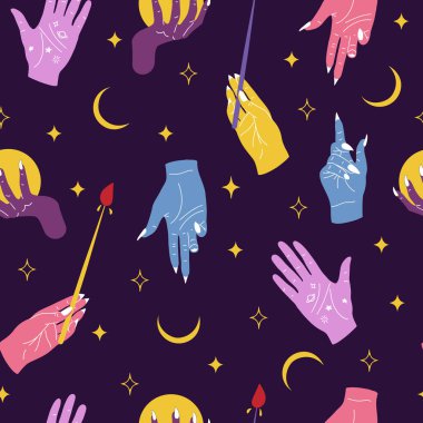 Sihirli, esrarengiz elleri, hilal ayı ve yıldızları olan kusursuz bir desen. Doğaüstü temalı.