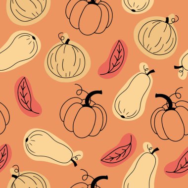 Sonbahar renk arkaplanında farklı balkabakları çizgi halinde olan vektörsüz desen