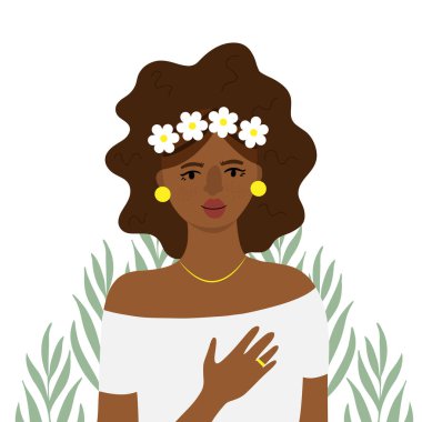 Beautiful afro American bride in white dress holding hand on the heart with delicate green plants at the background vector illustration vector