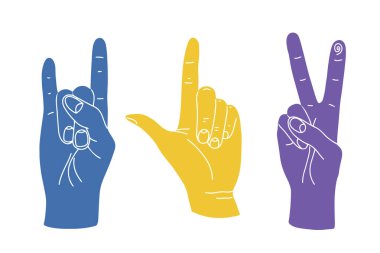 El işaretleri dizisi, rock on, barış işareti, zafer işareti. Parlak renk vektör resimlerinde el hareketleri