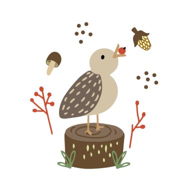 Orman vektörü illüstrasyonunda gagasında böğürtlen olan küçük bir kuş.