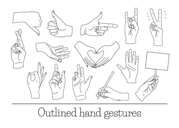 Big Set Diverse Simple Hand Gestures Line Art Style — Stock Vector