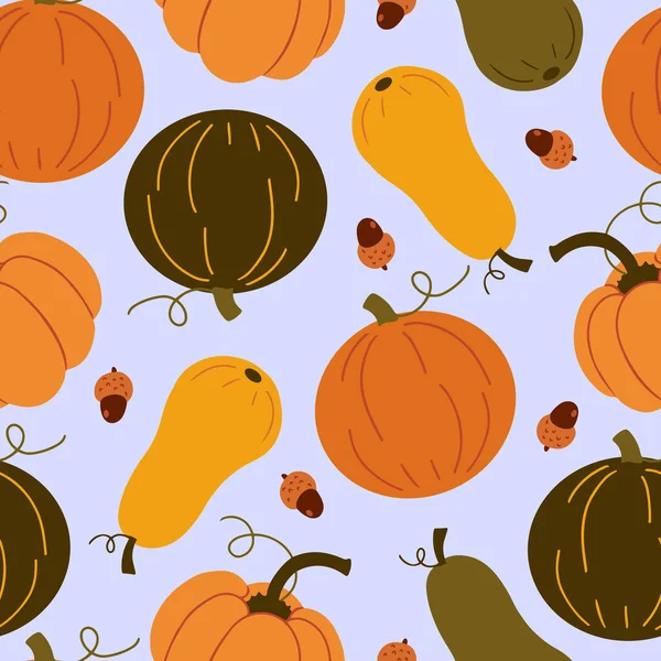 Vector Seamless Pattern Cute Doodle Pumpkins Acorns — Stock Vector
