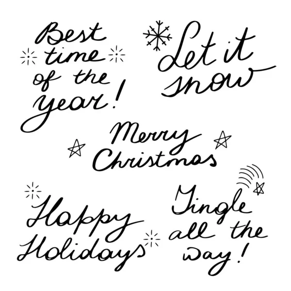 Ensemble Cinq Phrases Lettrage Noël Dessinées Main Calligraphie Vectorielle Isolée — Image vectorielle