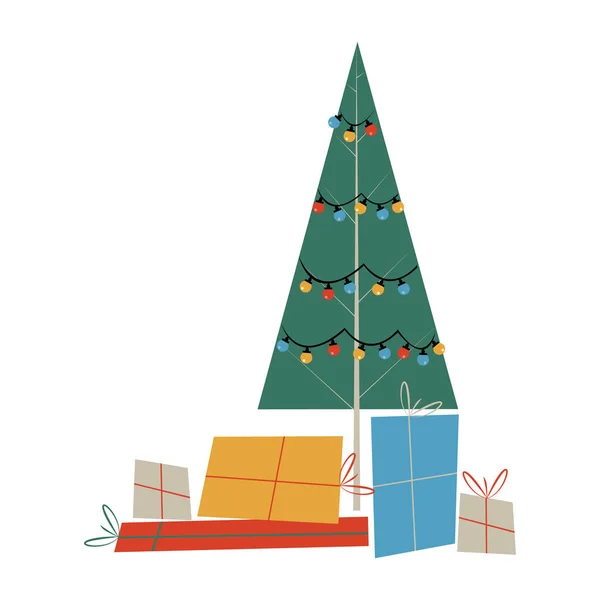 Cadeaux Noël Arbre Décoré Dans Des Formes Style Moderne Milieu — Image vectorielle
