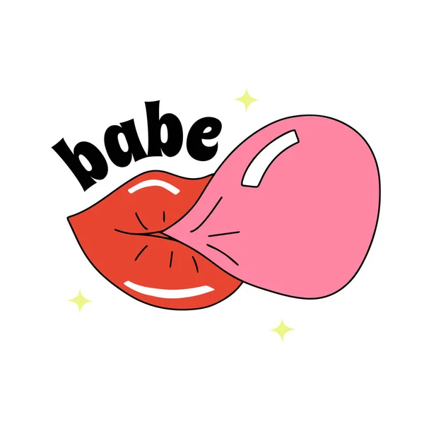 Full Lips Lipstick Blowing Bubble Gum Lettering Babe — Stock Vector