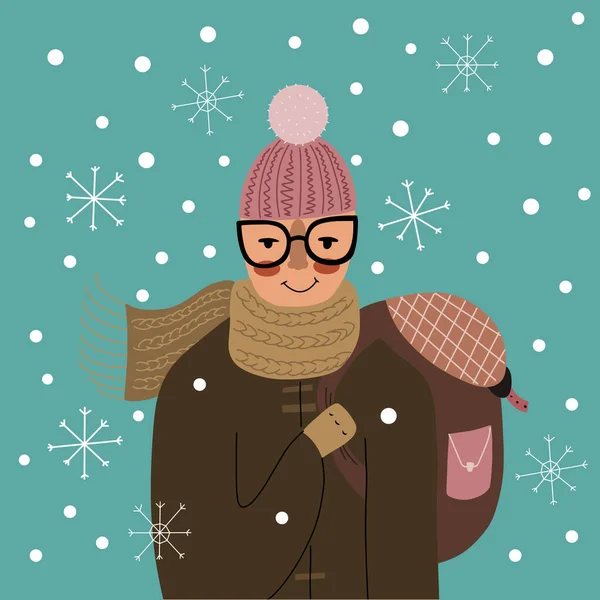 Person Wearing Warm Cozy Clothes Scarf Hat Mittens Ready Cold — Stock Vector