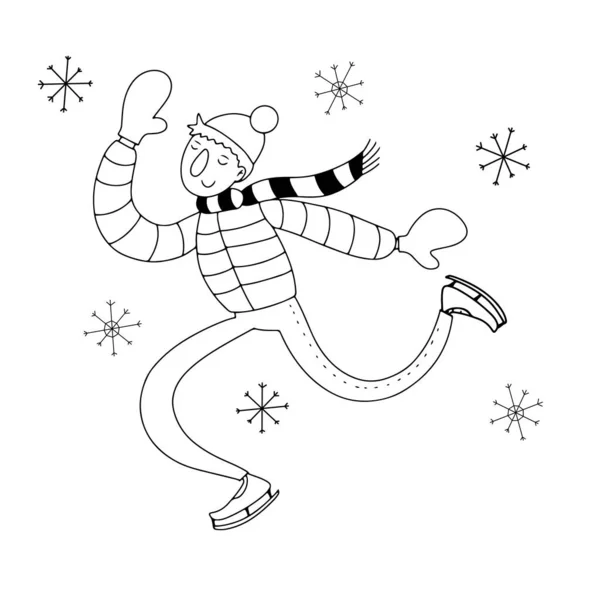 Young Man Enjoys Ice Skating Flat Vector Doodle Line Art — Stock Vector