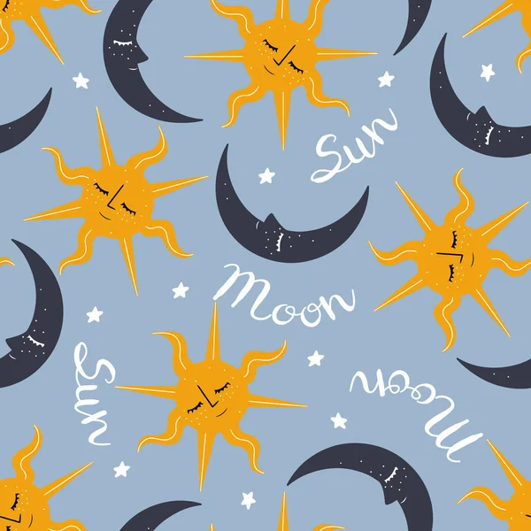 Векторный Бесшовный Рисунок Сонной Красочной Луной Солнцем Надписью — стоковый вектор