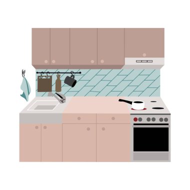 Yemek pişirme bölgesi düz vektör illüstrasyonuyla mutfak içi