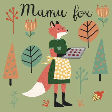 Elbise ve önlük giymiş, kurabiye kartı ya da kapağı olan sevimli anne tilki karakteri. Ormandaki Tilki. Düz tasarım vektör çizimi