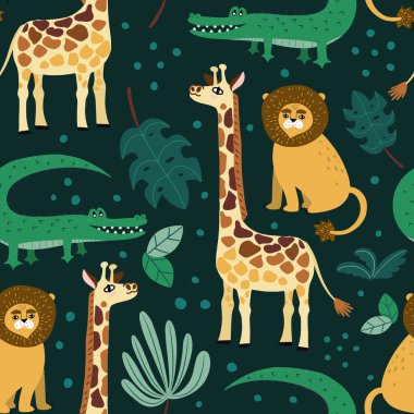 Aslan, zürafa ve palmiye yapraklı timsah gibi şirin Afrika hayvanlarıyla pürüzsüz bir desen.