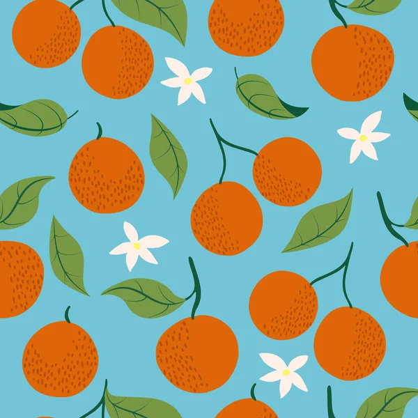 Vector Naadloos Patroon Met Levendige Sinaasappels Met Bladeren Bloemen Met — Stockvector