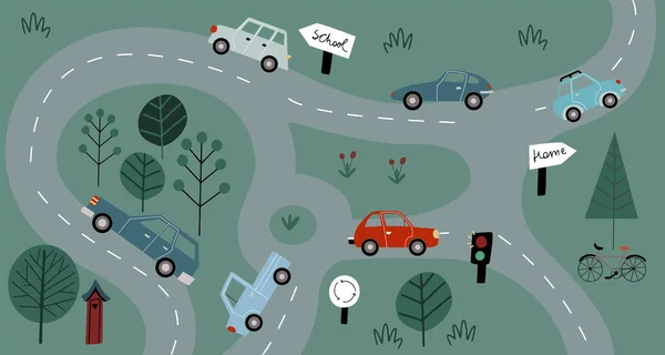Kartenposter Mit Straßen Wald Mit Lustigen Doodle Autos Neo Retro — Stockvektor
