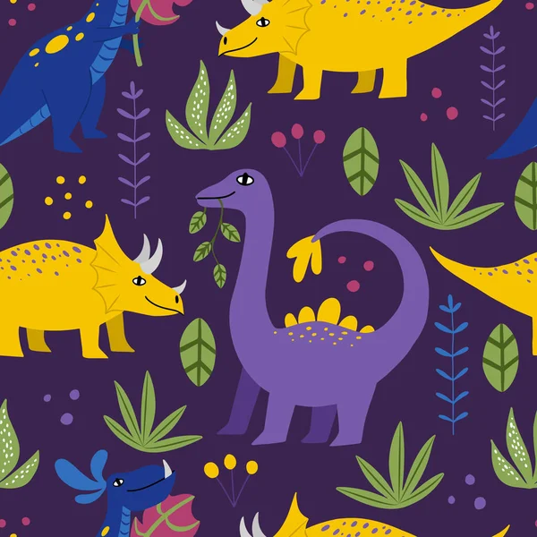 Vector seamless pattern with cute colorful doodle dinosaurus