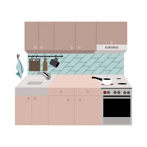 Keuken Interieur Met Kookzone Vlakke Vector Illustratie — Stockvector