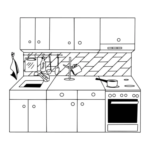 厨房内部与烹饪区平面矢量插画成行 — 图库矢量图片